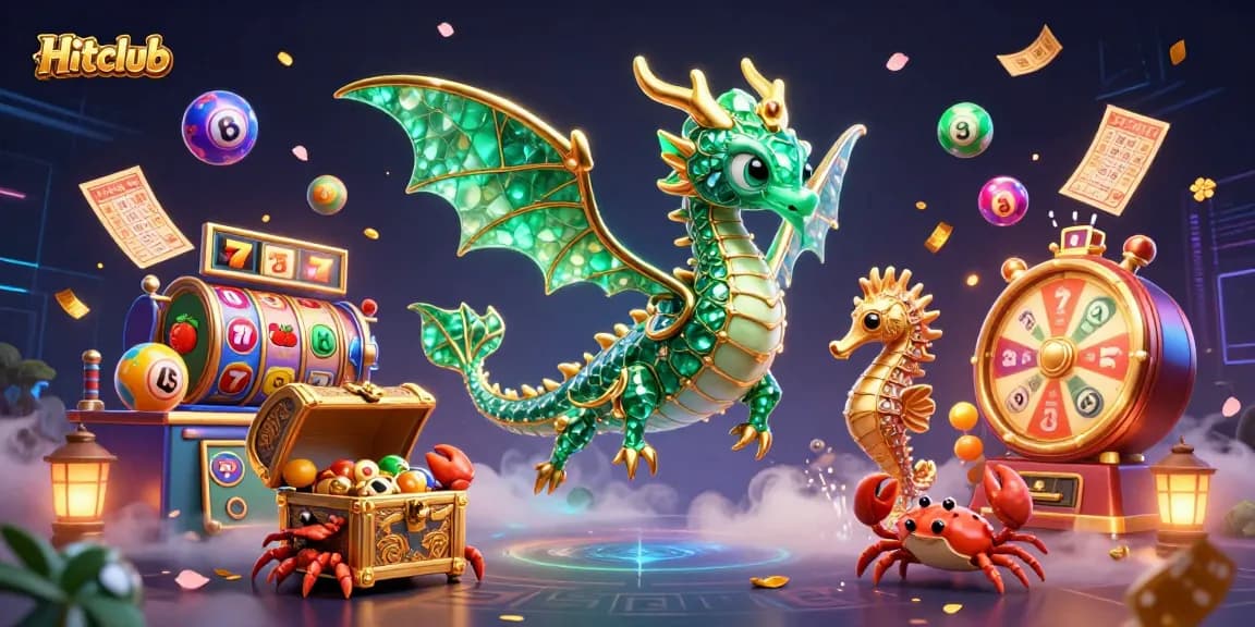 Play to win at Hitclub with a vibrant illustration of a casino scene featuring slots and dynamic elements.