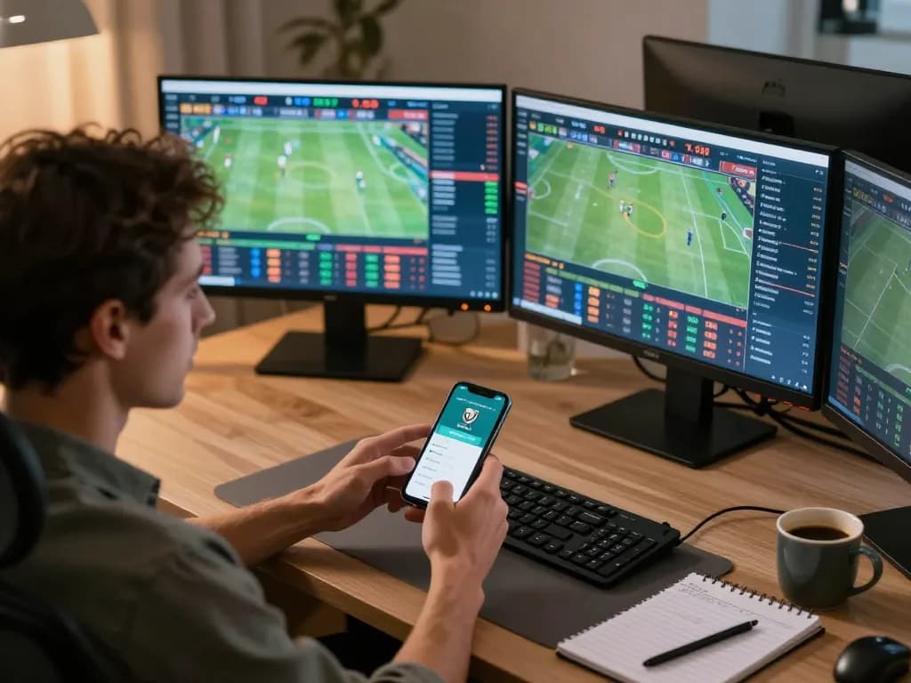 Engaging home office setup showcasing m107 sports betting action with multiple screens and attentive player