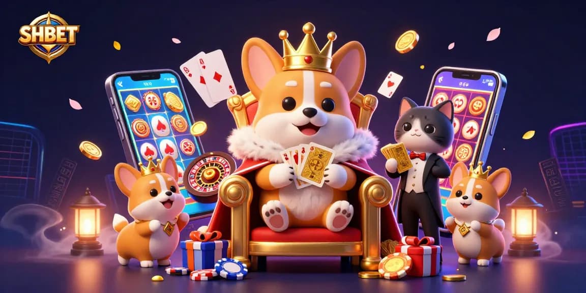 Experience the excitement of SHBET gaming with a royal corgi and vibrant casino elements.