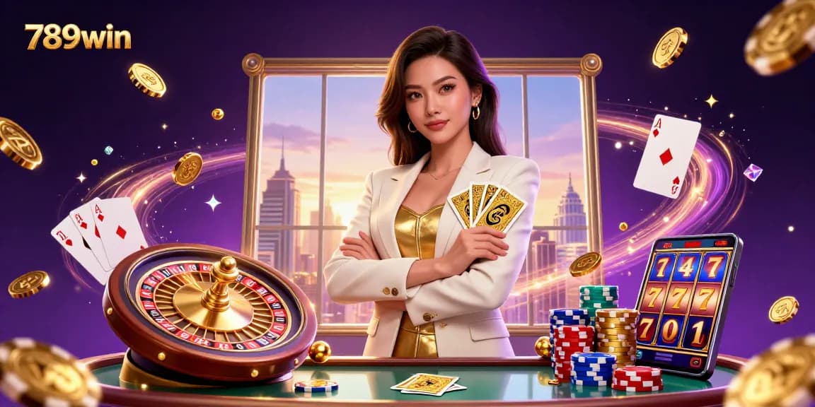 Experience thrilling play with 789win in this vibrant 3D illustration featuring casino elements and a powerful businesswoman.