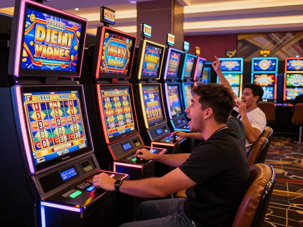 Excited player enjoying Zeus138 online slots in vibrant casino atmosphere, showcasing colorful machines and dynamic graphics.