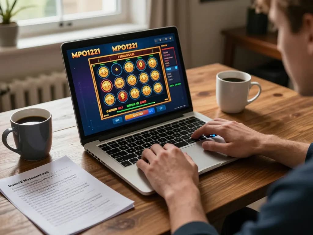 Pemain MPO1221 terlibat dalam permainan slot online dengan pengaturan rumah yang nyaman dan catatan strategi perbankan.