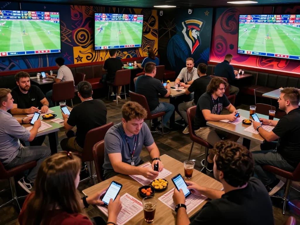 Soi Kèo fans placing strategic bets during an exciting sports event in a vibrant lounge atmosphere.