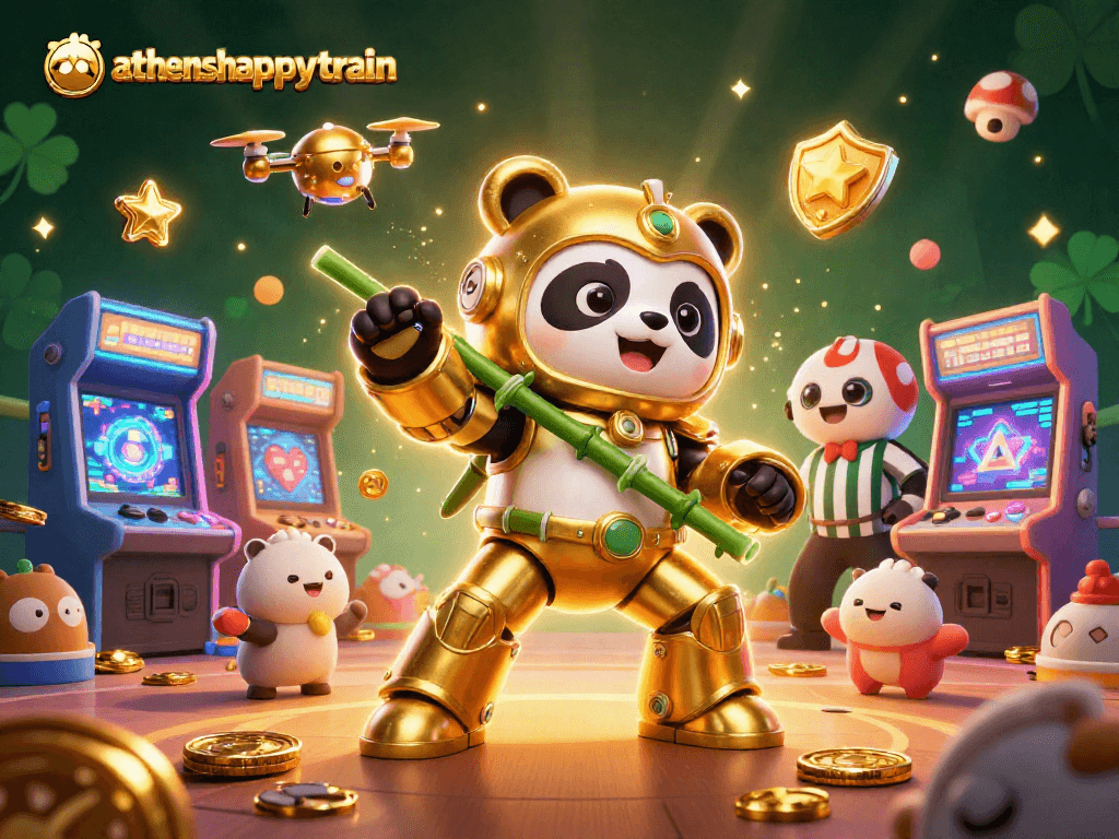 Experience the thrilling action at athenshappytrain, with vibrant gaming elements and characters in a dynamic casino scene.