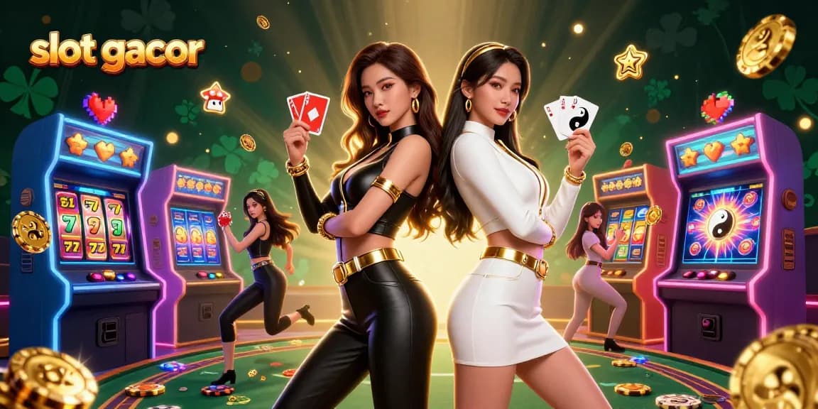 Rasakan kegembiraan dengan slot gacor saat dua wanita Asia menunjukkan gameplay kasino yang dinamis.