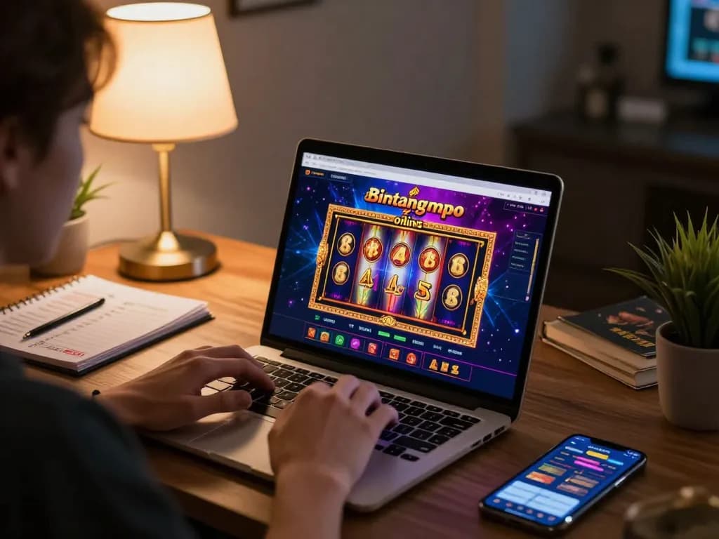 Scene permainan online Bintangmpo menunjukkan seorang pemain yang terlibat dengan permainan slot berwarna-warni di laptop di lingkungan rumah yang nyaman.
