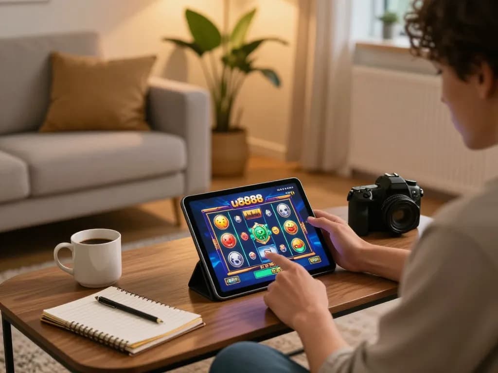 Player enjoying the u8888 slot game on a tablet, emphasizing strategic gambling at home.