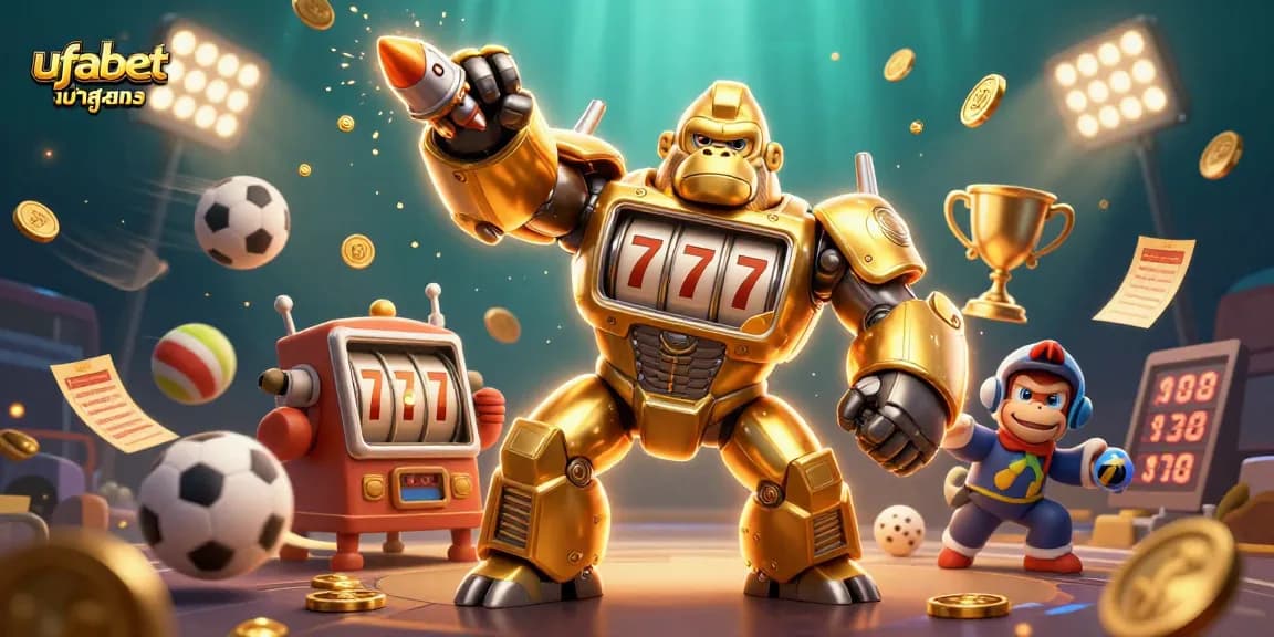 Experience thrilling action in ufabet เข้าสู่ระบบ with a golden gorilla mech and dynamic sports elements.