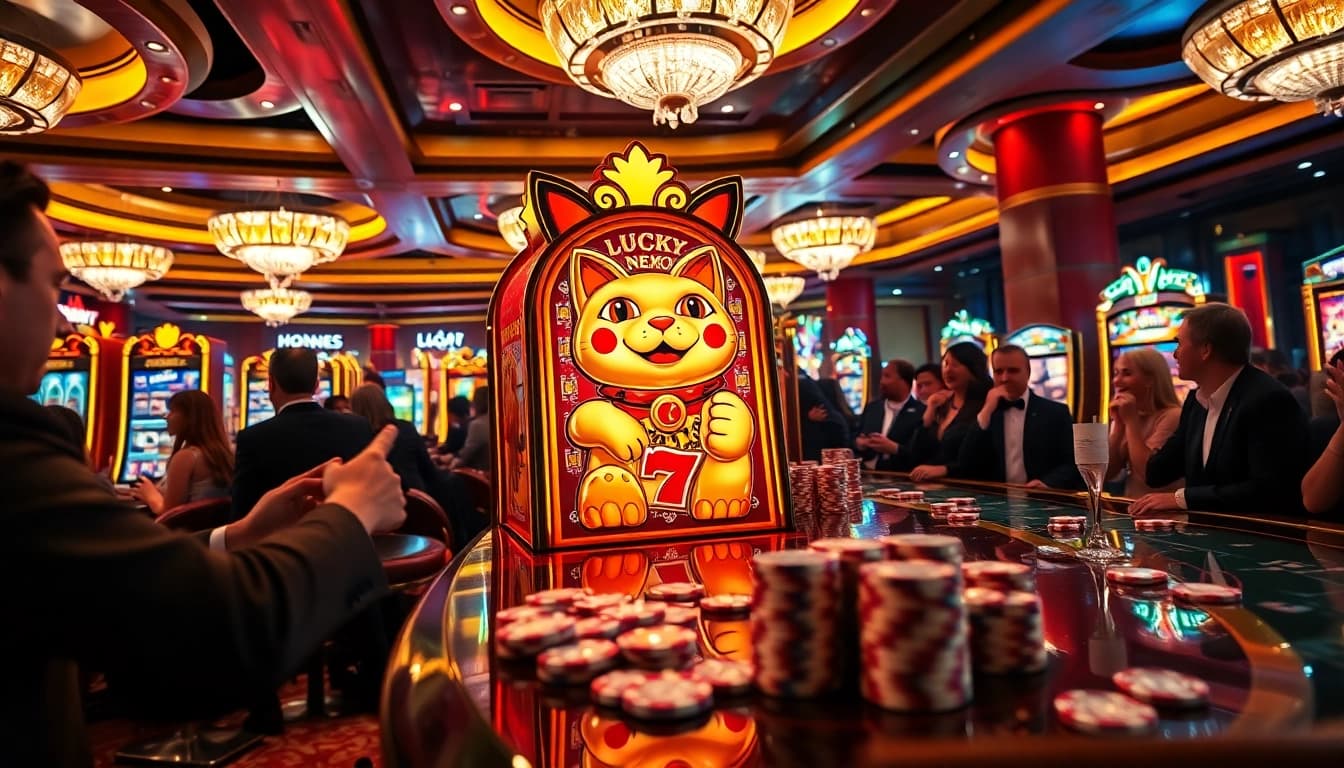 Experience the excitement of demo slot gameplay at a luxurious casino with vibrant machines and eager players.