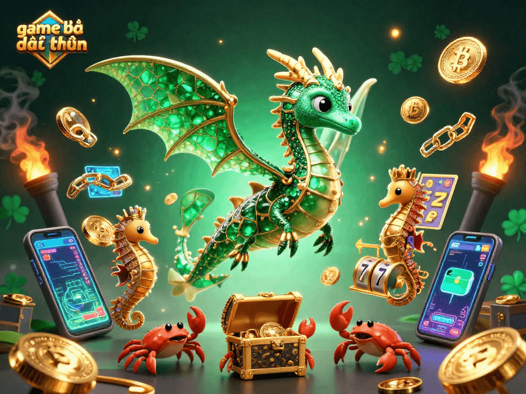 Engage with game bài đổi thưởng in a vibrant 3D scene showcasing a sea dragon and gold filigree elements.