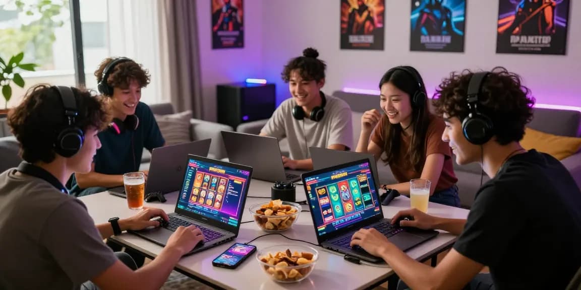 Friends enjoying pajaktoto slot games in a lively gaming room with vibrant decor.