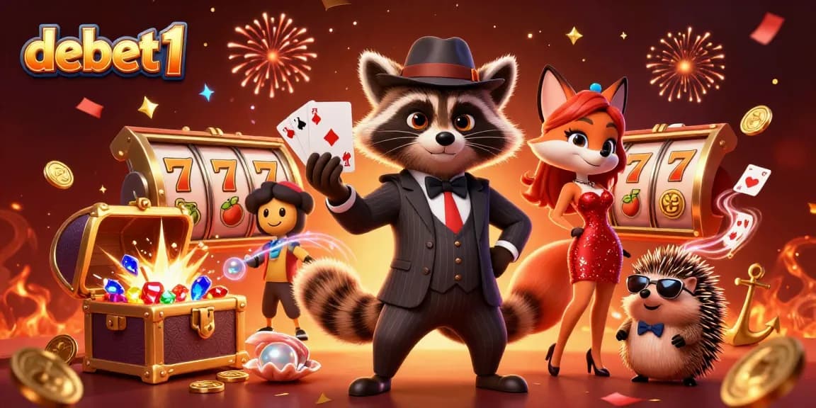 Experience debet1's thrilling casino adventure with charming characters amidst slot games and vibrant treasures.