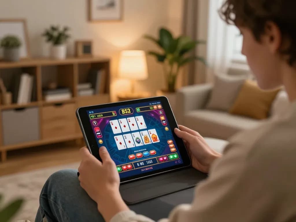 Player engages in B52 gaming on tablet, showcasing interactive casino experience at home.
