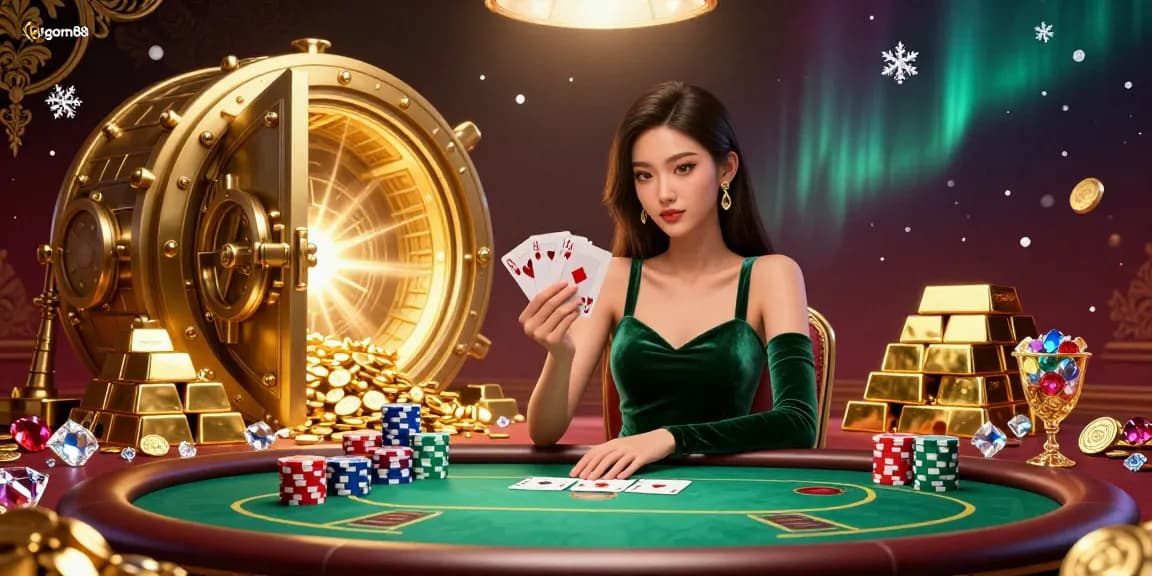 Experience thrill with 1gom88 at the luxury poker table, showcasing strategic card play and dazzling treasures.
