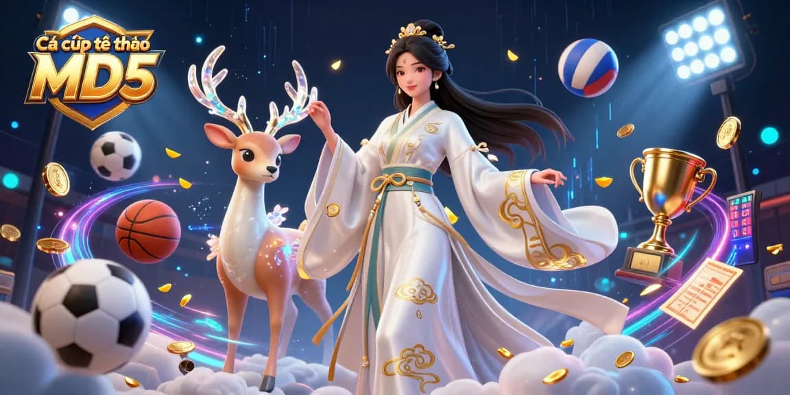 Cá cược thể thao Tài xỉu MD5 showcases dynamic sports betting elements with thrilling 3D illustrations.