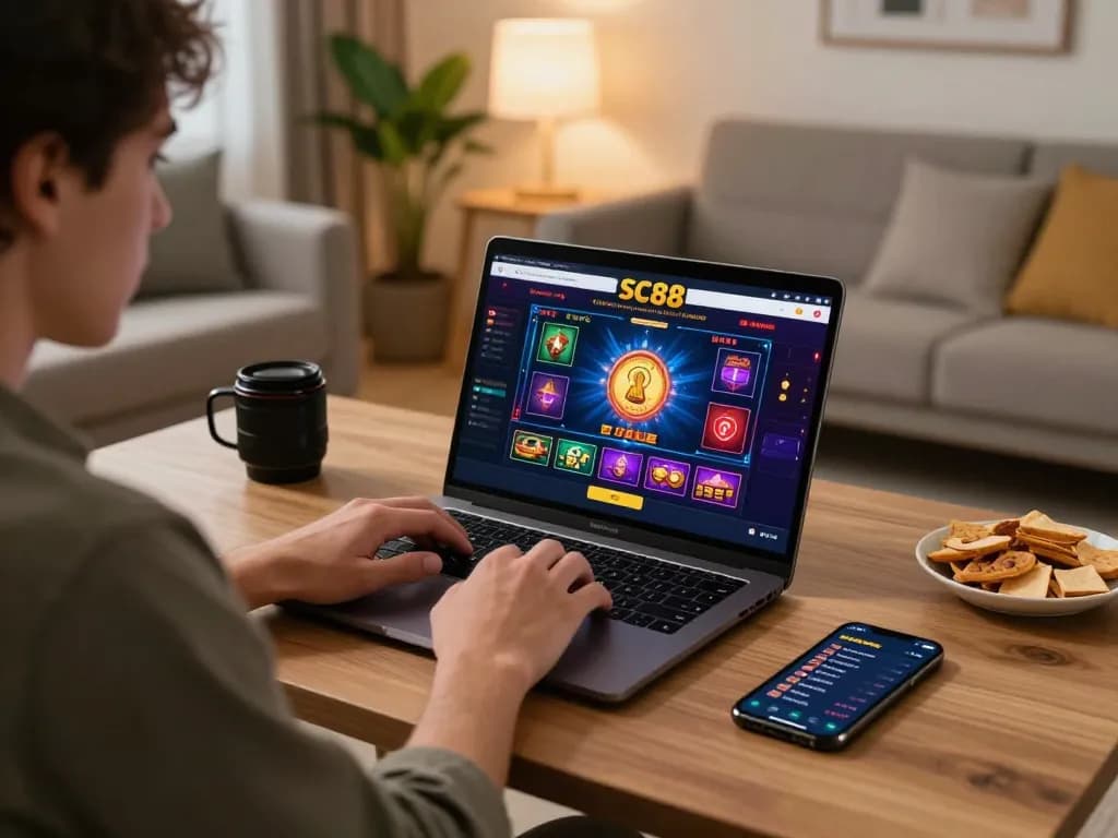 Player engaging with SC88 casino games on laptop, showcasing a dynamic online gambling atmosphere at home