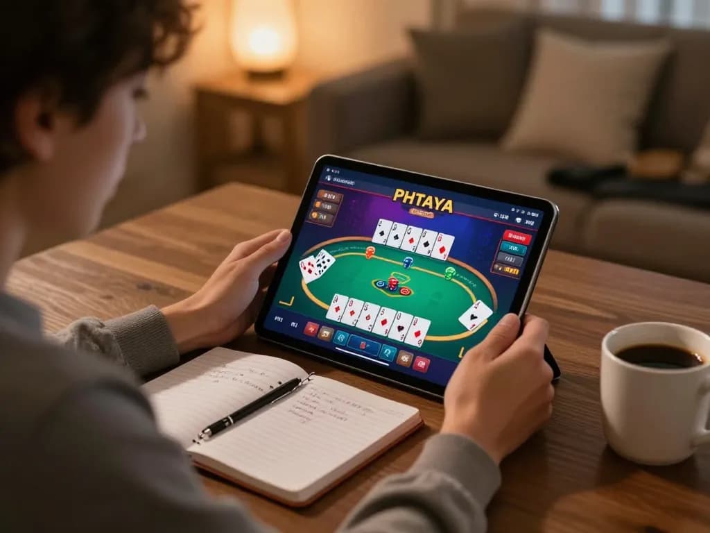 PHTAYA user enjoying poker on tablet with strategy notes in a cozy home setting