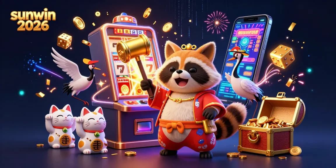 Engage with sunwin 2026 in an exciting 3D casino scene featuring cheerful characters and jackpot treasures.