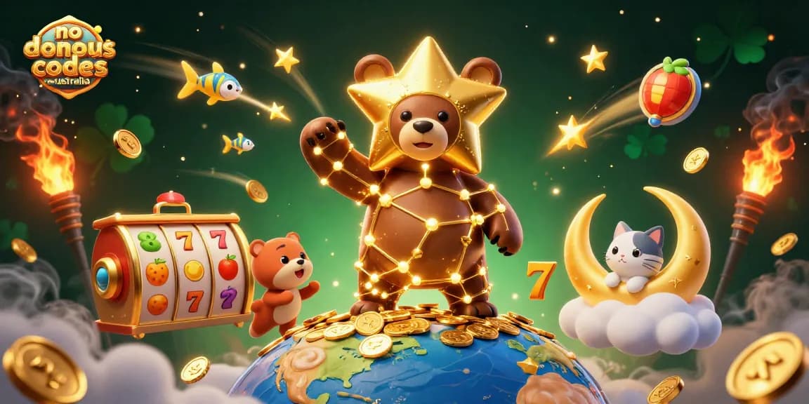 No deposit bonus codes australia illuminate a magical scene with a constellation bear collecting coins and lucky symbols.