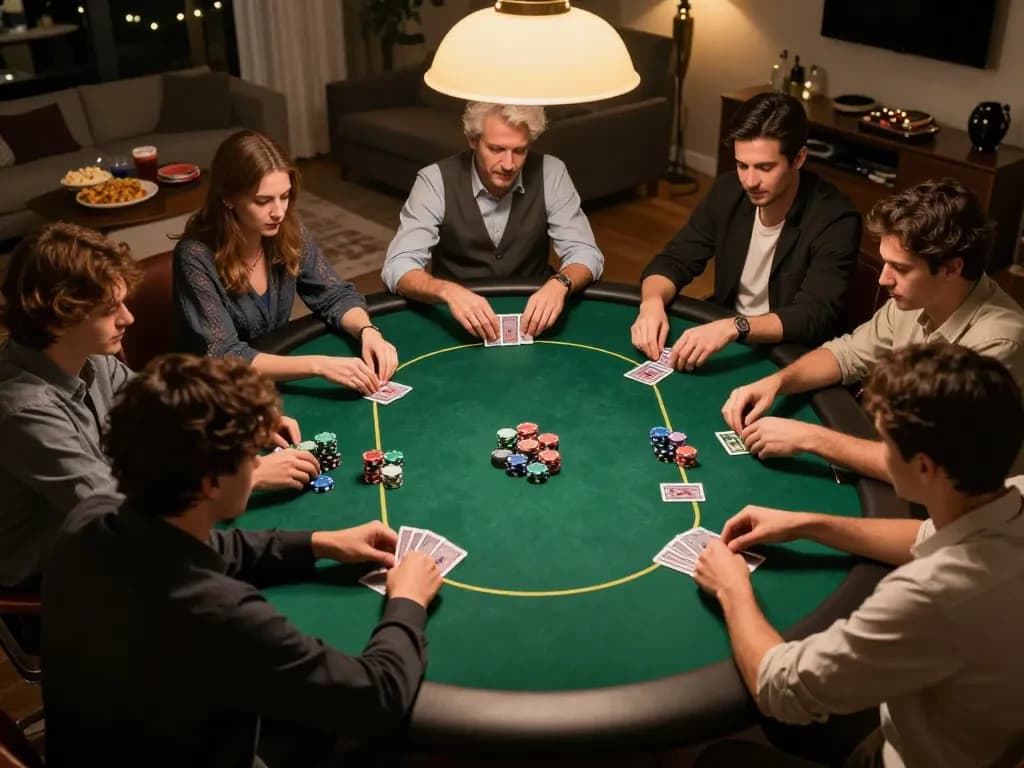 Players strategizing during a poker game, engaging with link vào for betting options in an elegant home setting.