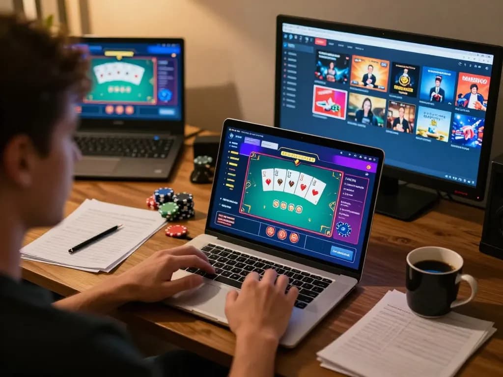 u888 player strategizing in online poker game at home, showcasing dynamic gaming interface