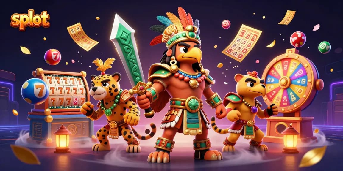 Permainan slot berwarna-warni yang dinamis dengan karakter Aztec bermain dalam suasana ceria.