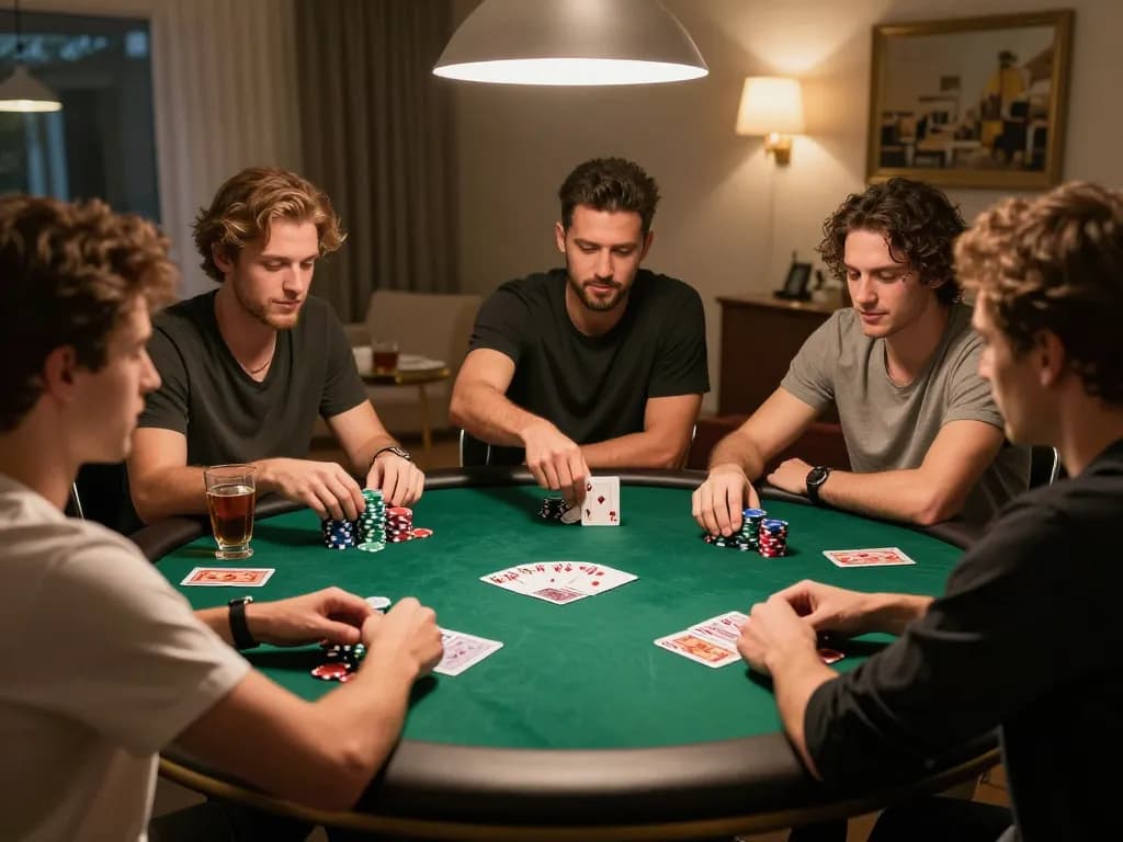 Kembartogel players enjoying a thrilling home poker night around a round table, focused on their cards and chips.