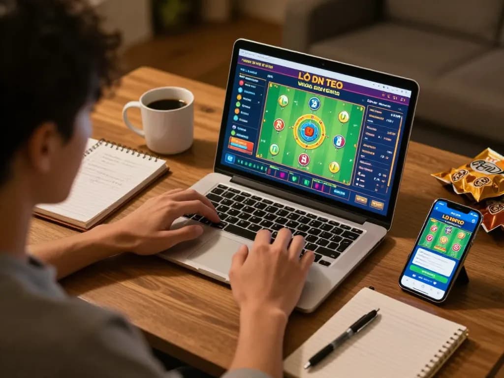 Lô đề online gameplay with a player focused on strategy, using a laptop in a cozy environment.