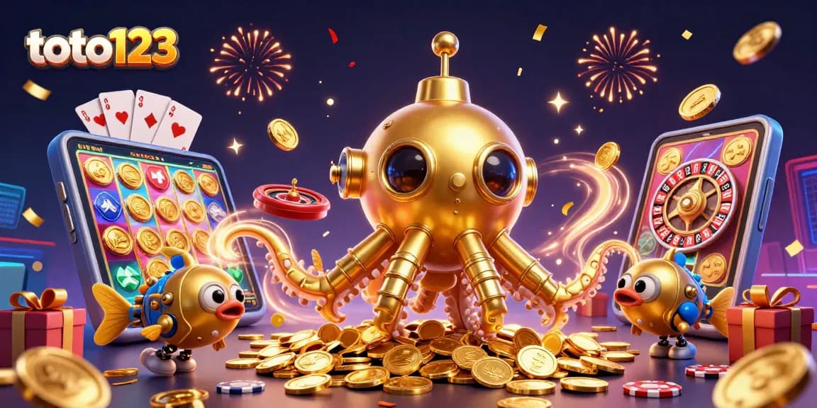 toto123 reveals winning strategies with a golden kraken submarine amid coins and slot games