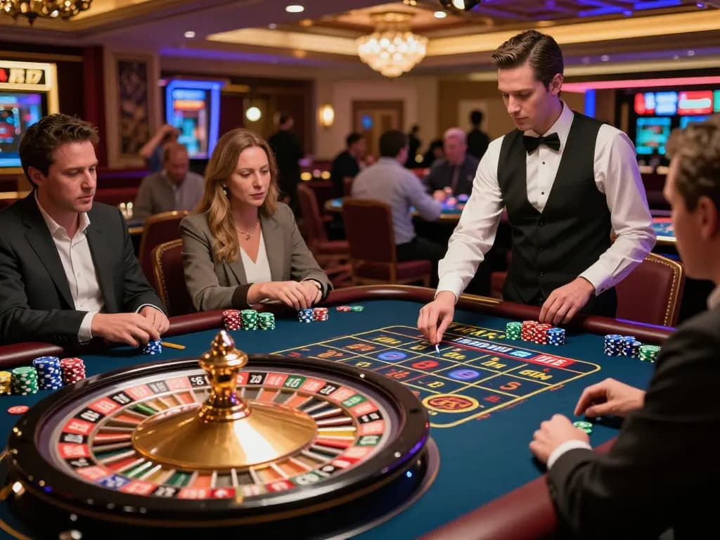 Experience vibrant mm 88 betting excitement at an upscale roulette table in a bustling casino.