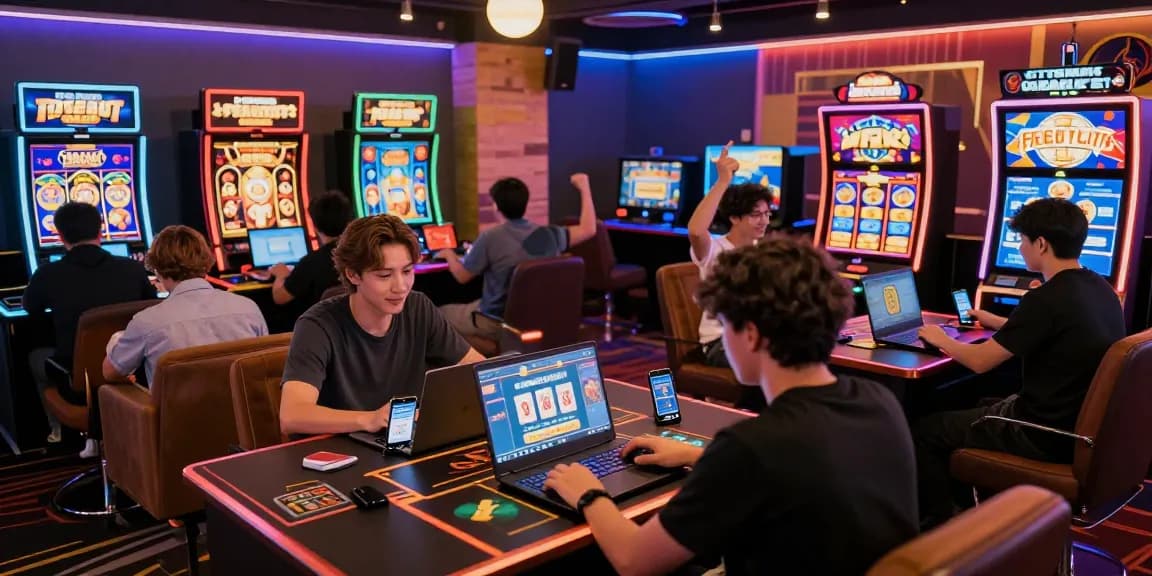 Engaged players exploring online games at https://gamebaidoithuong.is/ with vivid graphics and promotional banners.