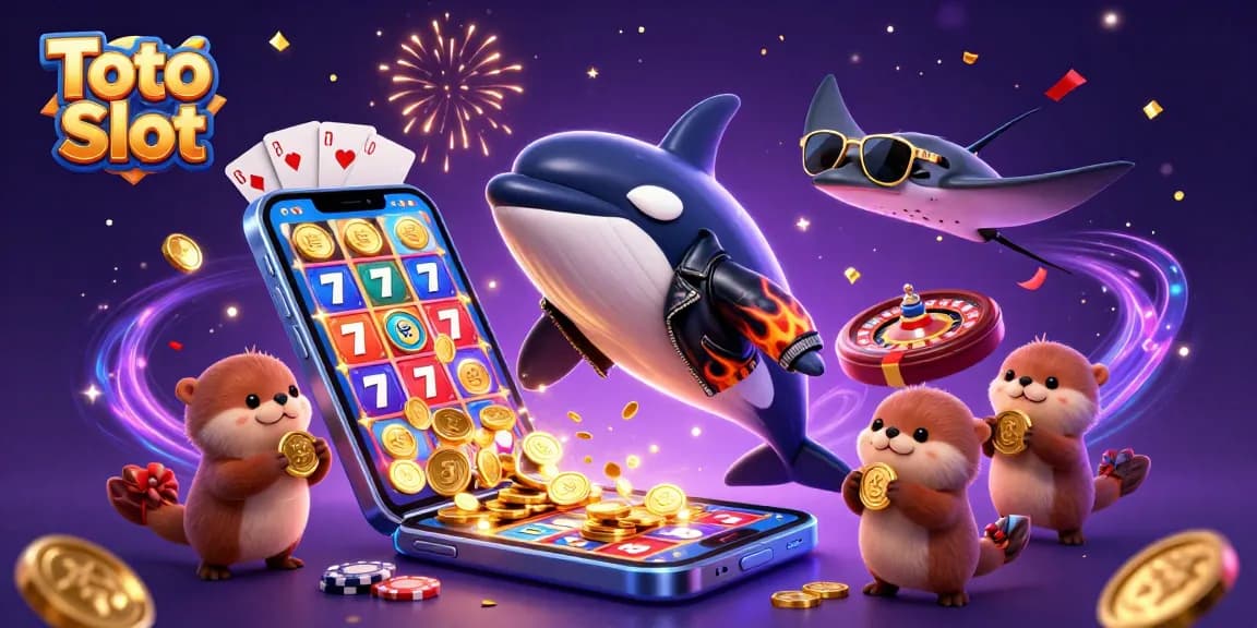 Toto Slot menghadirkan orca di dekat sinar dan berang-berang laut sambil mencetak kemenangan dengan koin emas.
