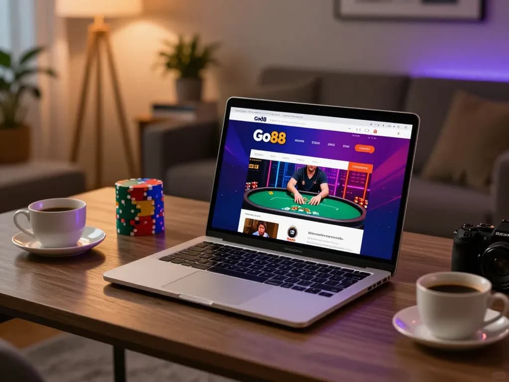 Trải nghiệm trò chơi trực tuyến Go88 với một không gian poker thú vị tại nhà, trưng bày giao diện laptop và không khí ấm cúng
