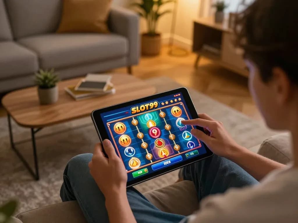 SLOT99 player enjoying online slot gaming on a cozy sofa, engaging with a tablet.