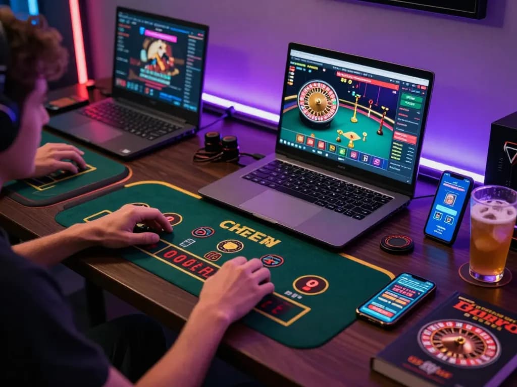 Player enjoying ดูหนังออนไลน์ while engaged in strategic online gambling, showcasing vibrant gaming setup with laptop and smartphone.