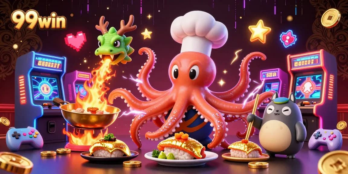 Experience high-energy gaming with 99win's vibrant casino scene featuring an octopus chef and jackpot elements.