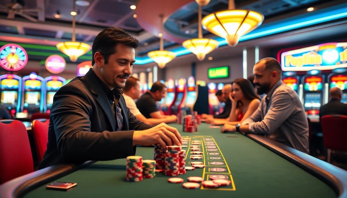 Bermain togel389 di kasino dengan dealer dan pemain, suasana yang seru.