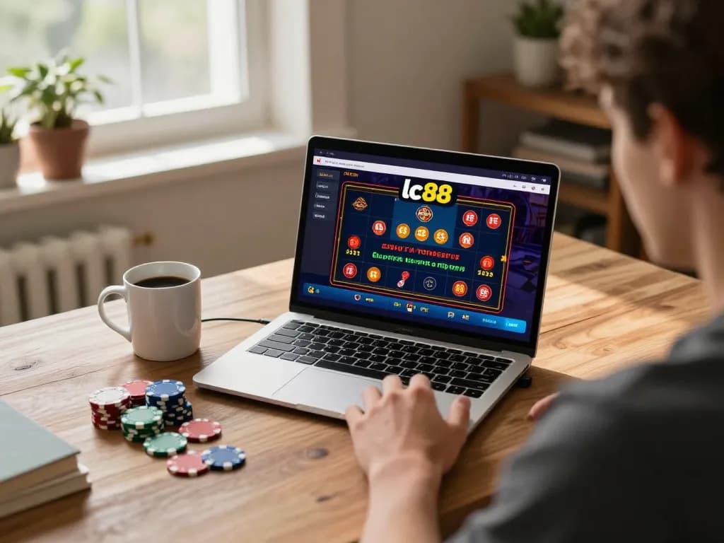 Player enjoying online lc88 casino games on laptop in a cozy home atmosphere.
