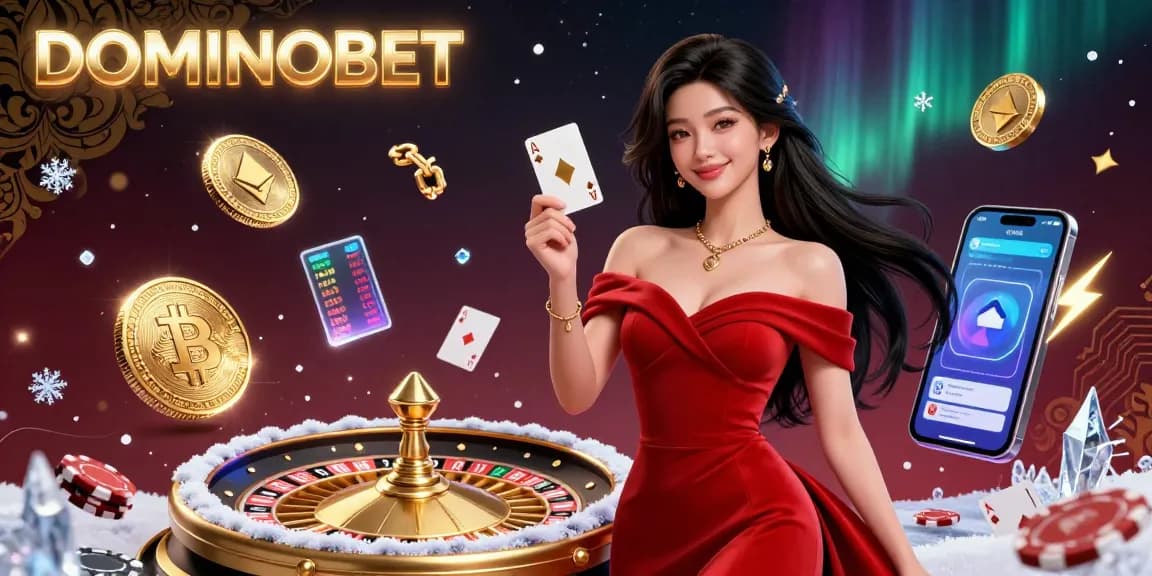 Experience thrilling gameplay at DOMINOBET with a beautiful woman beside a roulette wheel and vibrant gaming elements.