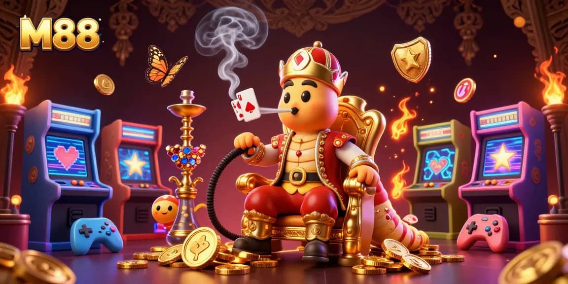 M88 offers an exciting chance to win big with poker symbols in a vibrant, dynamic casino illustration.