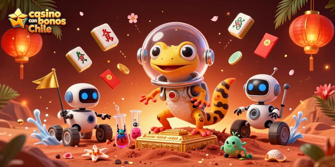 Juega en un casino con bonos Chile con una representación 3D de un gecko marciano y un robot rover.