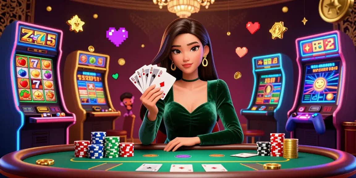 Experience thrilling gameplay at slot gacor with an elegant Asian woman in a strategic poker scene.