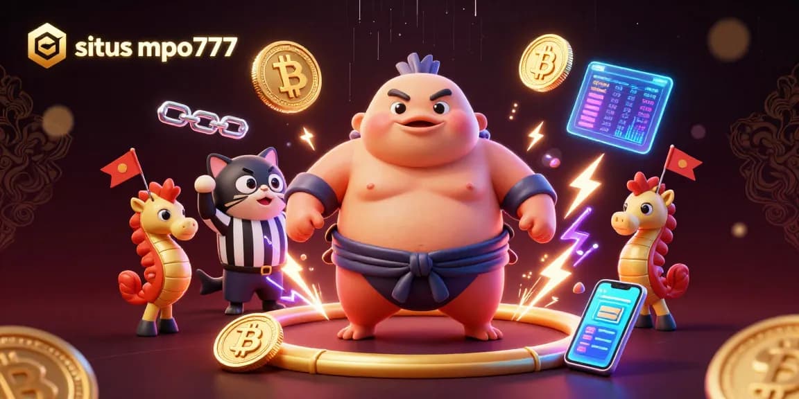 Engage with situs mpo777 through vibrant 3D illustration showcasing betting excitement and cryptocurrency elements.