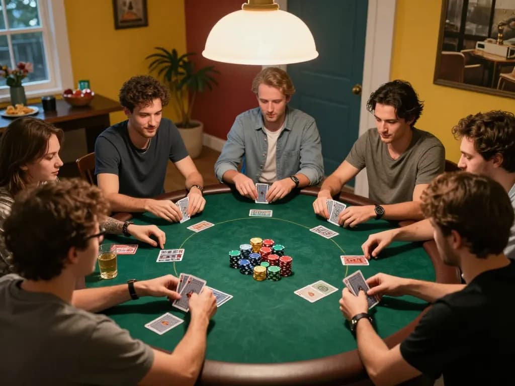 Friends enjoying a home poker night with Texas Hold'em gameplay, showcasing strategic moments at the table with XX88.
