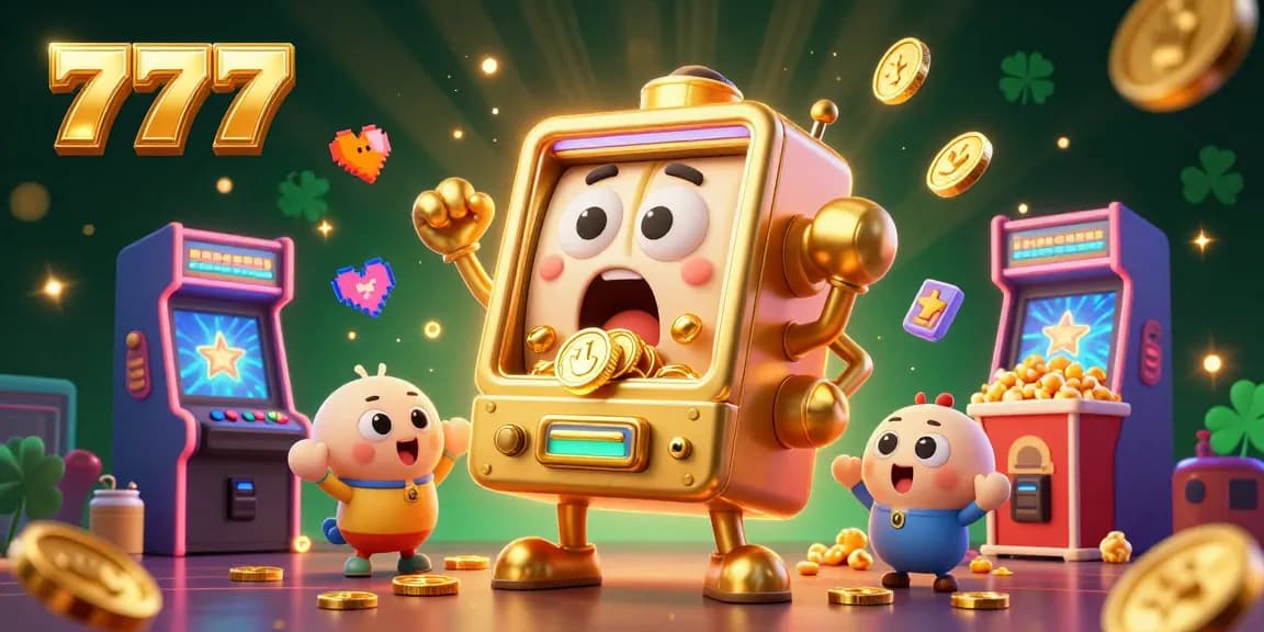 Experience the thrilling excitement of 777 jackpots with a golden slot machine celebrating and coins pouring out.