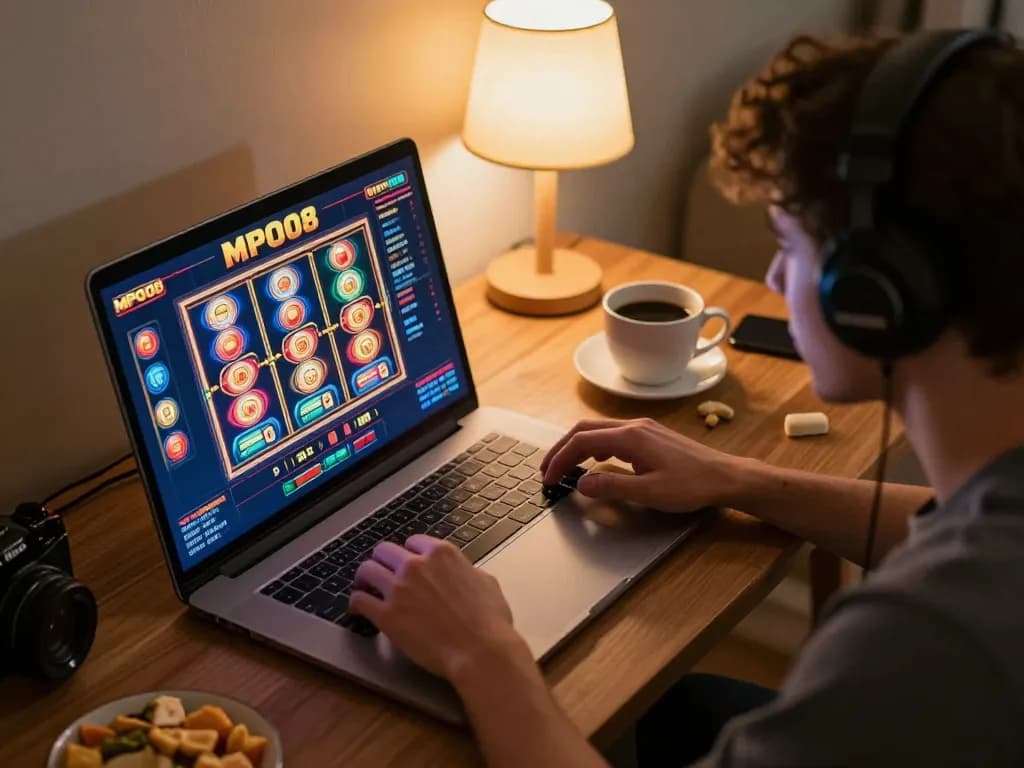 MPO08 player strategizing during an interactive online gaming session at home.