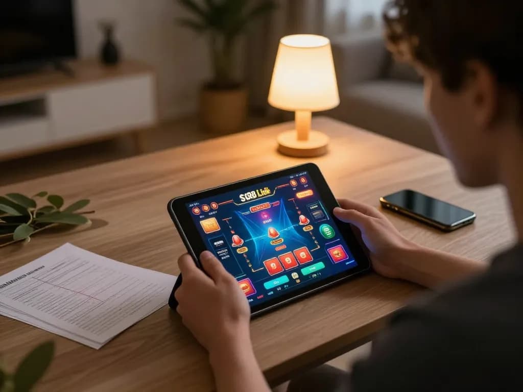 Engaging player accessing SC88 Link for thrilling online casino action in a cozy home setting.