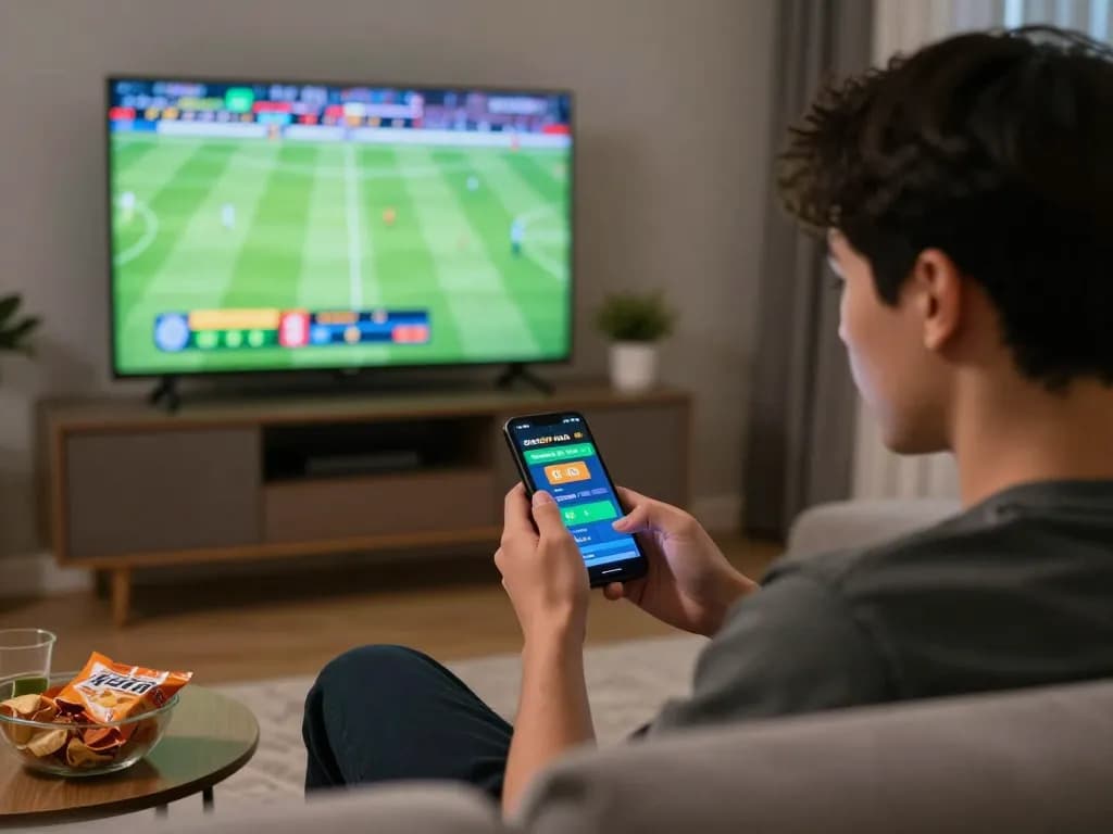 Person engaging in bóng đá trực tuyến kèo nhà cái while watching football on TV.