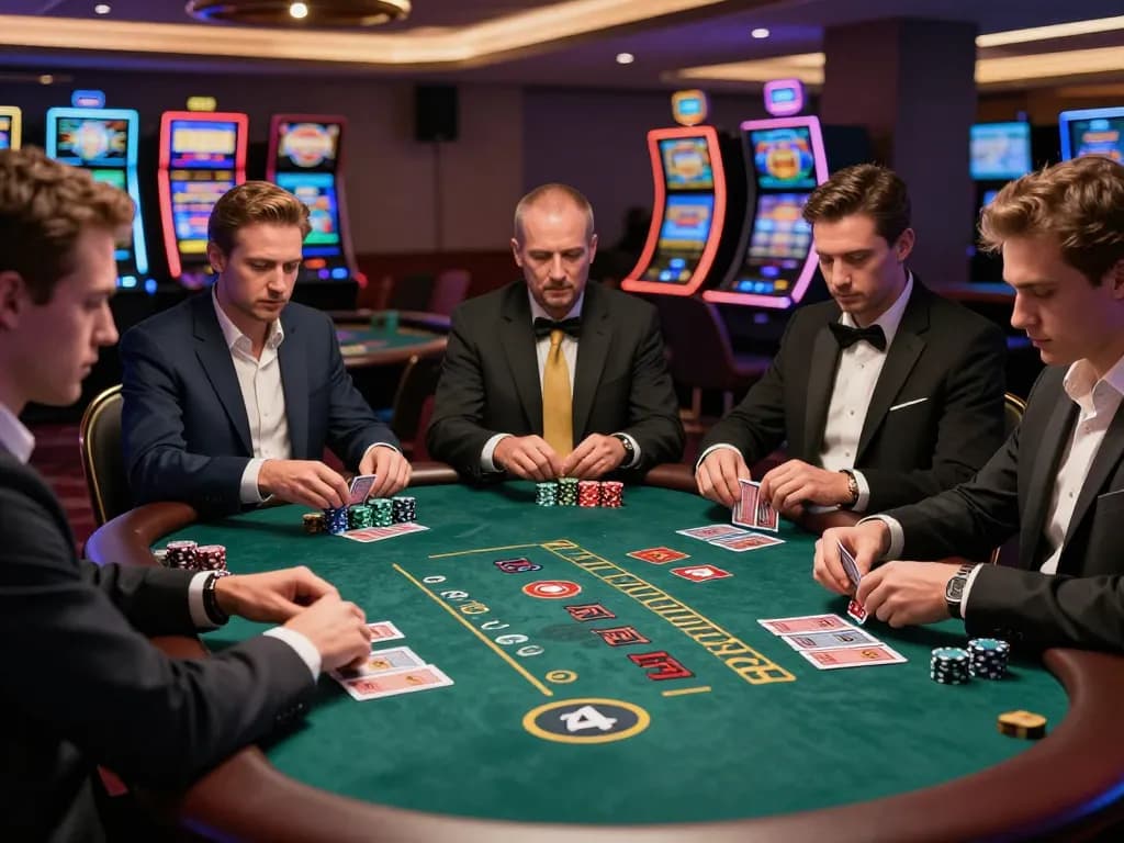 Engaged players strategizing at the blackjack table in a luxurious casino, highlighting jagoan86 gaming experience.