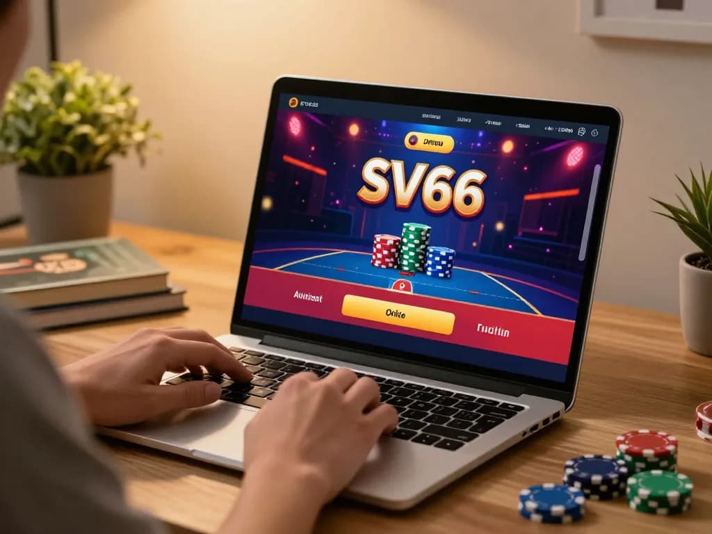 Engaging with SV66 online betting interface on a laptop, showcasing strategic gameplay.
